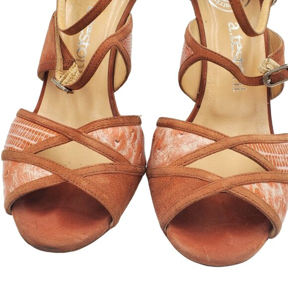 Italy A.Testoni Women's Size 6.5 Salmon pink lizard ostrich Open Toe Heels shoes - Picture 5 of 12